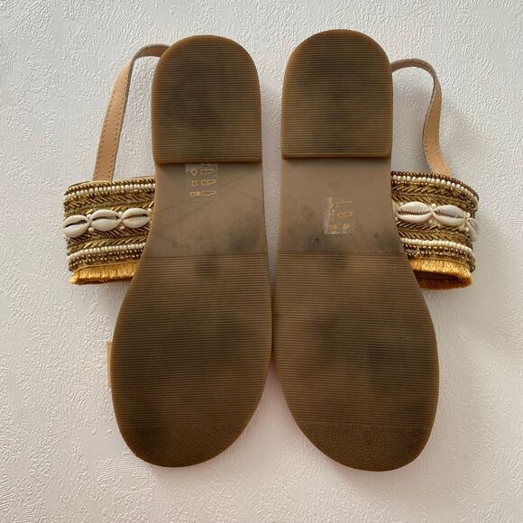 Aldo Genuine Leather Beaded Shell Sandals | Boho Beach Summer Sandals Tan Size 9 - Picture 2 of 6